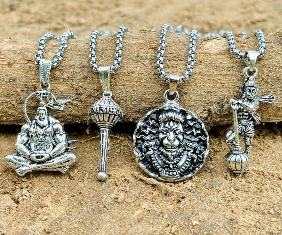 Lord Hanuman Chain with Pendant – Pack of 4 (Oxidized Silver)